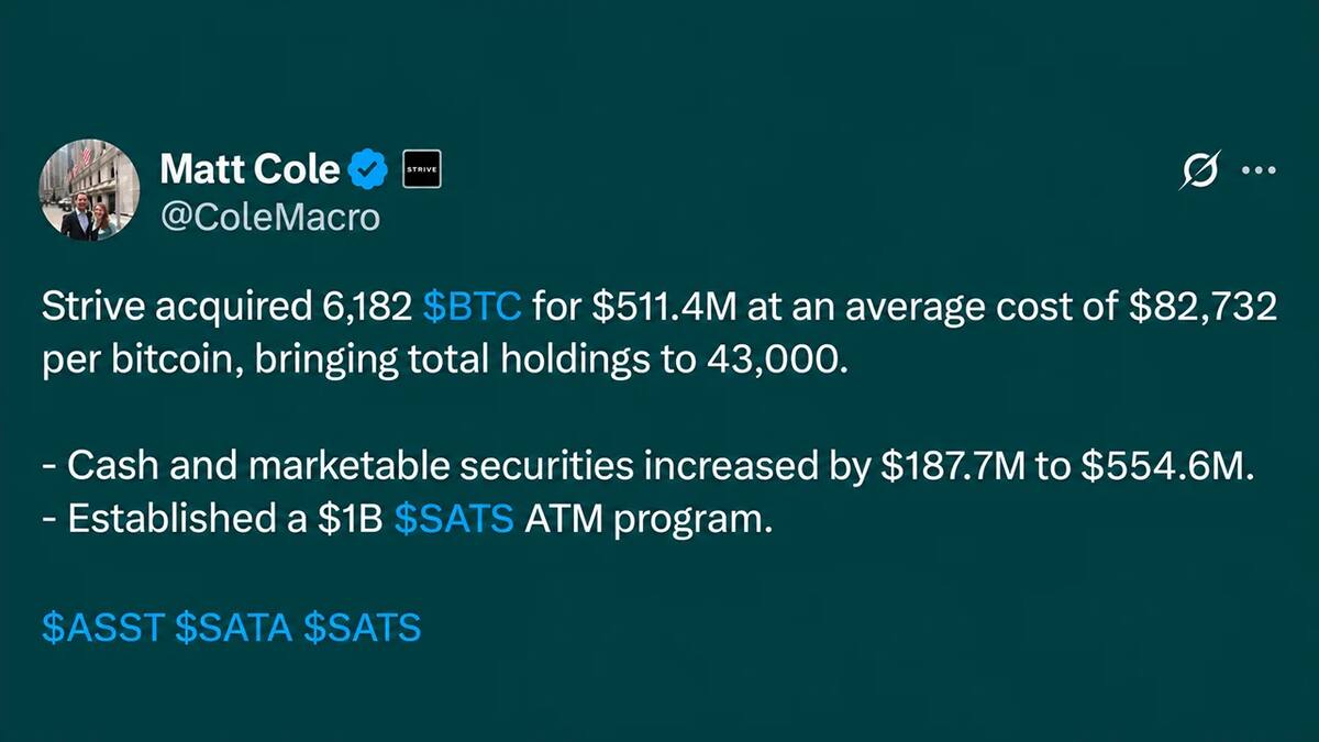 Strive купила 6 182 BTC и довела запас до 43 000 монет