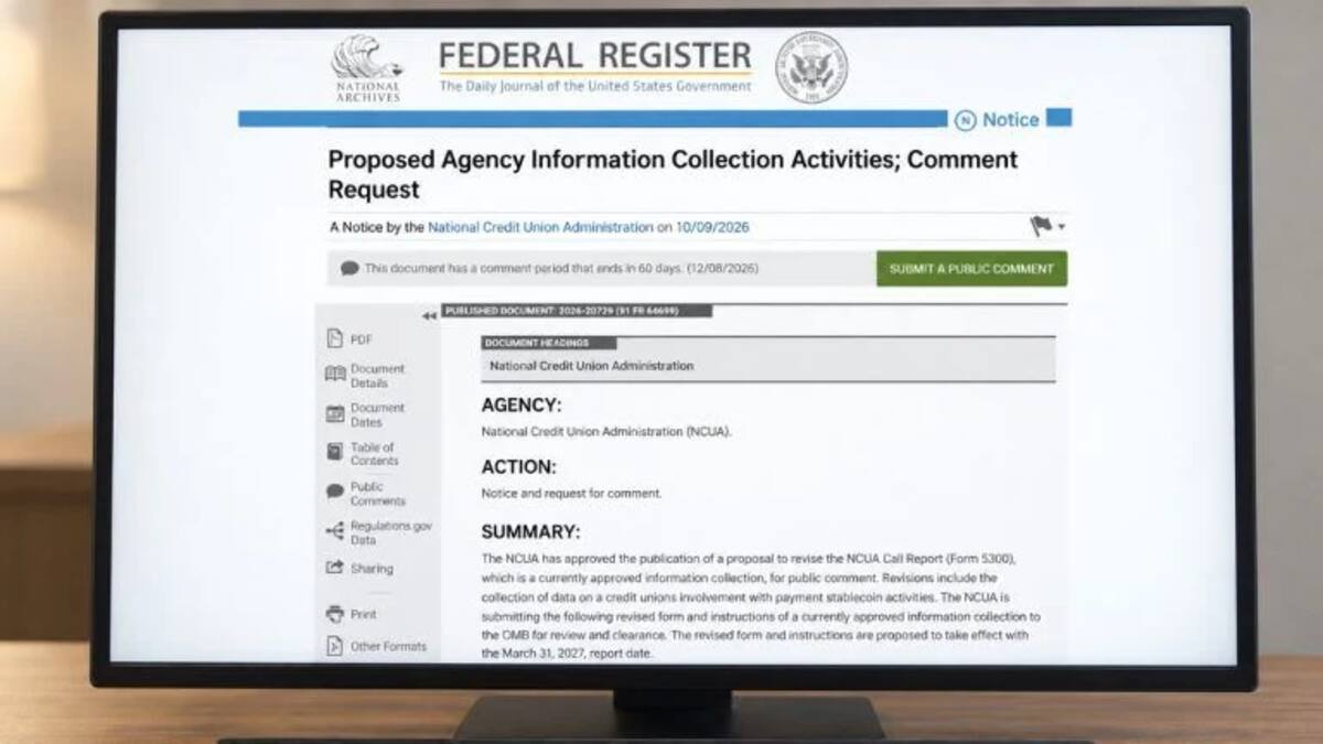 NCUA предложила добавить 26 полей по стейблкоинам в отчетность кредитных союзов