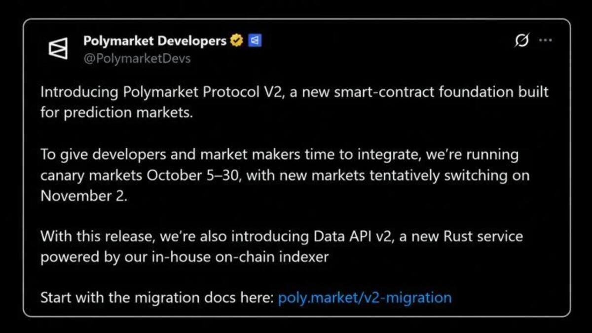 Polymarket начал тестирование Protocol V2, запуск новых рынков запланирован на 2 ноября