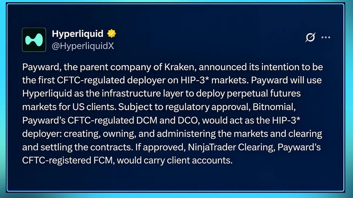 Payward планирует запустить регулируемые CFTC рынки бессрочных фьючерсов на Hyperliquid
